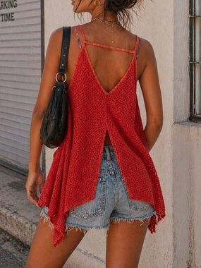 Open Back Hi Lo Tank Top Boho Festival Flowey Red Orange Swing Top Y2K S/M